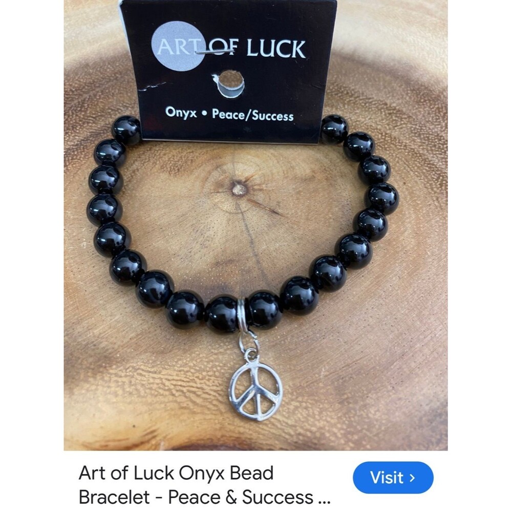 #2040**Unisex’s Art of Luck Onyx Beaded Bracelet with Peace Charm - Black